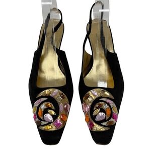 Gucci Black Slingback Kitten Heels Gold Jewel Suede 7B Y2K Tom Ford